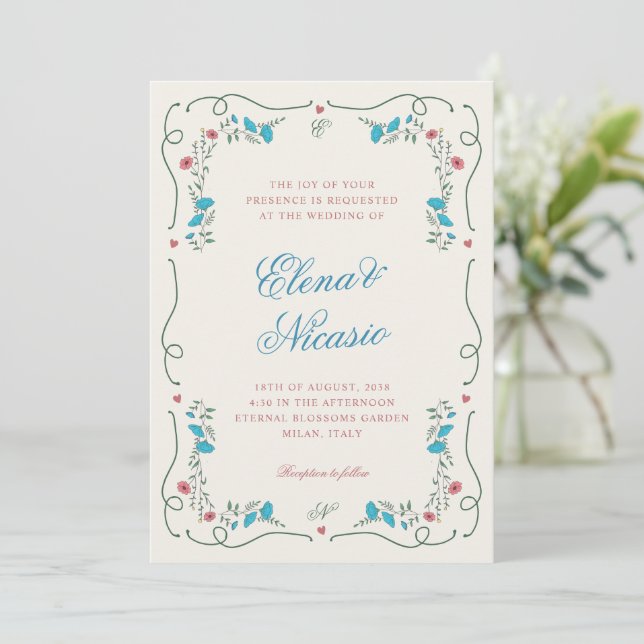 Invitation Vintage Nouveau Botanique Cadre rose Bleu Mariage (Debout devant)