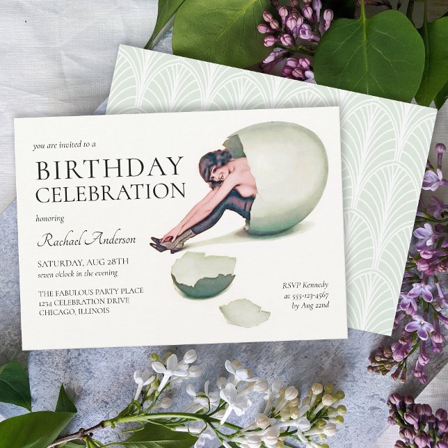 Invitation Vintage Nouveau Femme Drôle Anniversaire Fête (A chic art nouveau style flapper hatches from an egg in this fun birthday party invitation.
)