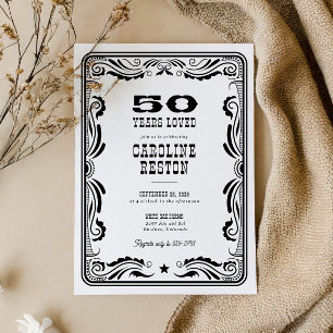 Invitation Vintage Occidental Noir Blanc Cowboy Rustique Anni