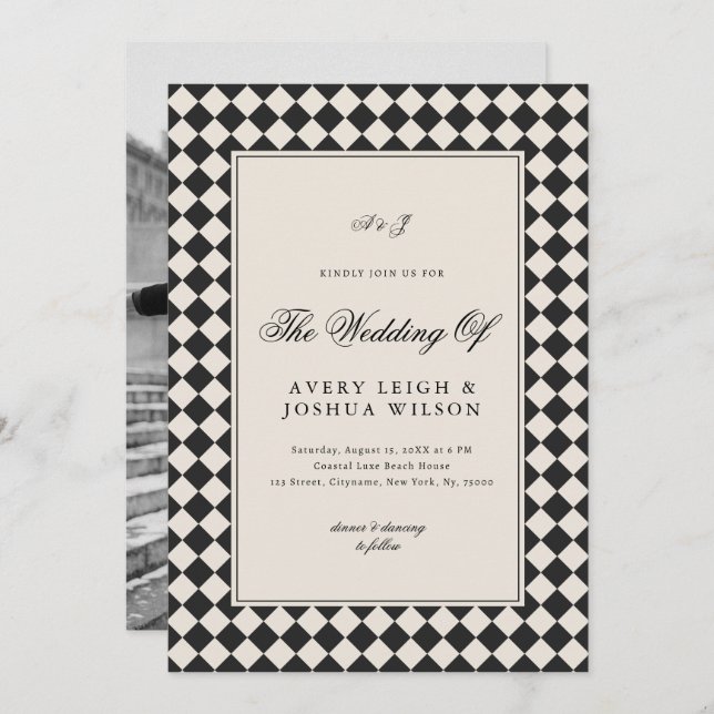 Invitation Vintage Old Money Preppy Checkered Photo Wedding (Devant / Derrière)