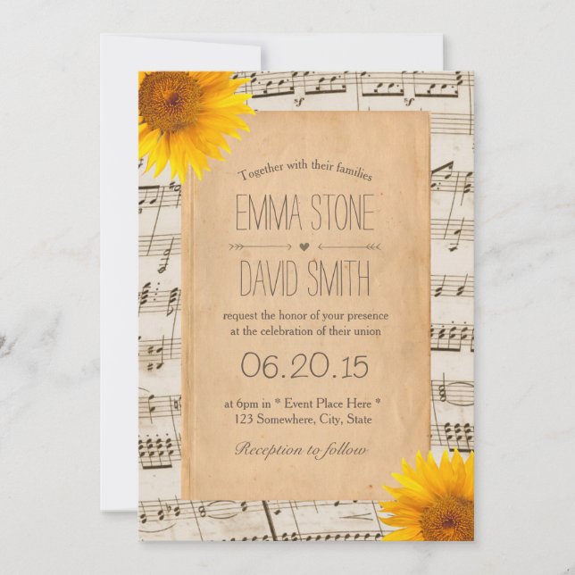Invitation Vintage Old Music Sheet & Sunflower Mariage (Devant)
