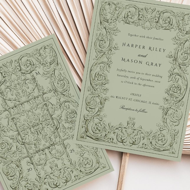Invitation Vintage Olive Green Ornat Mariage défilement (Créateur téléchargé)