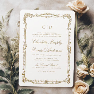 Invitation Vintage Or Cadre Classic Script Monogramme Mariage