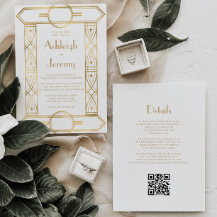 Invitation Vintage or Décor Cadre blanc QR Code Mariage