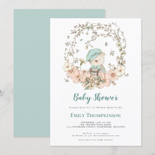 Invitation Vintage Ours Folig Canard Baby shower bleu oeuf