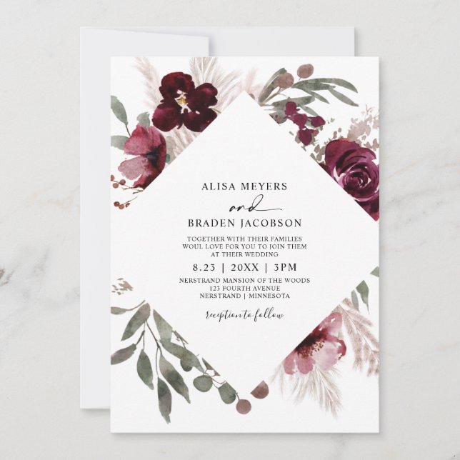 Invitation Vintage Pampas Grass Bourgogne rose Roses Mariage (Devant)