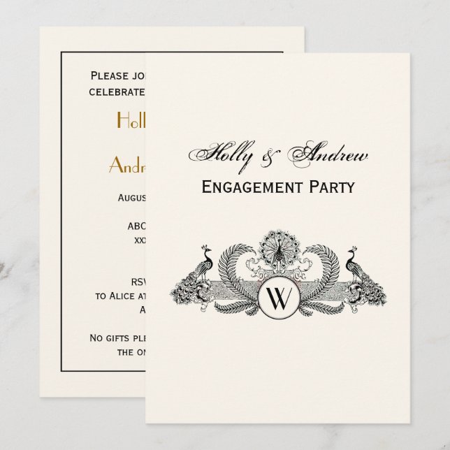 Invitation Vintage Paons Monogramme Ivoire BG (Devant / Derrière)