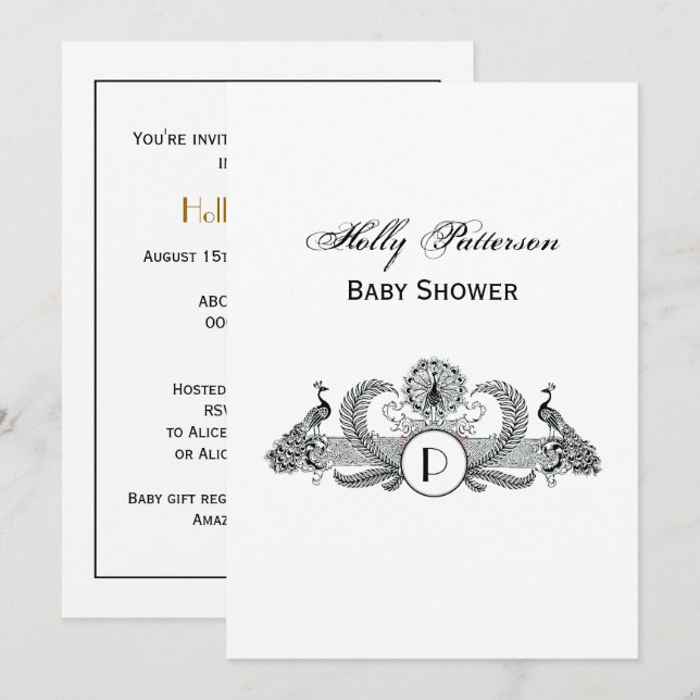 Invitation Vintage Paons Monogramme Ivoire BG (Devant / Derrière)