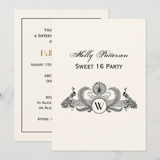 Invitation Vintage Paons Monogramme Ivoire BG (Devant / Derrière)