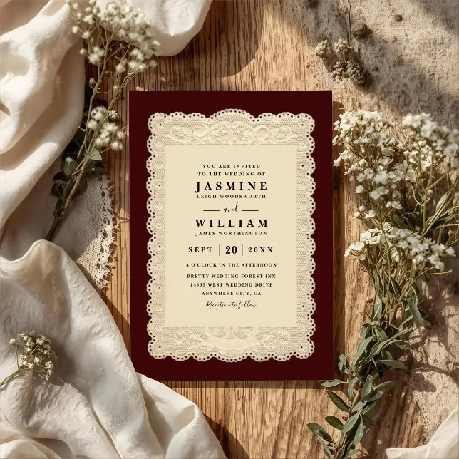 Invitation Vintage Paper Lace Burgundy QR Code Wedding (Créateur téléchargé)