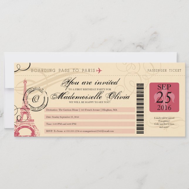 Invitation Vintage Paris France Anniversaire Pass d'embarquem (Devant)