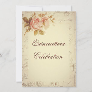 Invitation Vintage Paris Postmarks Roses chics Quinceañera