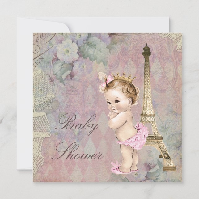 Invitation Vintage Paris Princess Baby shower Floral (Devant)