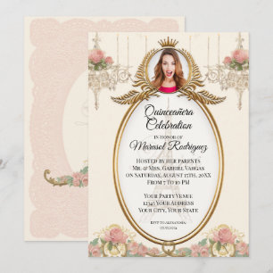 Invitation Vintage Paris Quinceañera Blush Gold avec chandeli