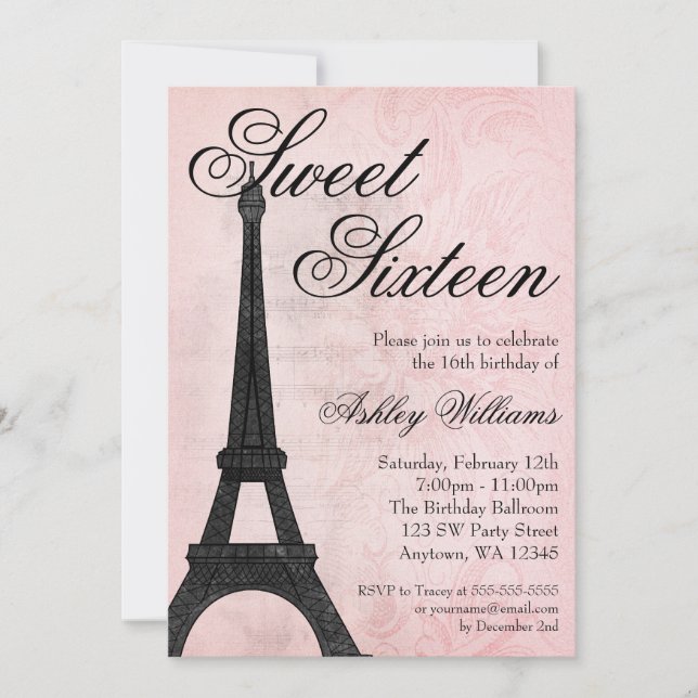 Invitation Vintage Paris Rose Black Sweet 16 Anniversaire (Devant)