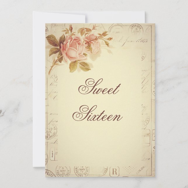Invitation Vintage Paris Tampons Chic Roses Douze Ans (Devant)