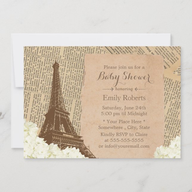 Invitation Vintage Paris Tour Eiffel Baby shower fleuri (Devant)