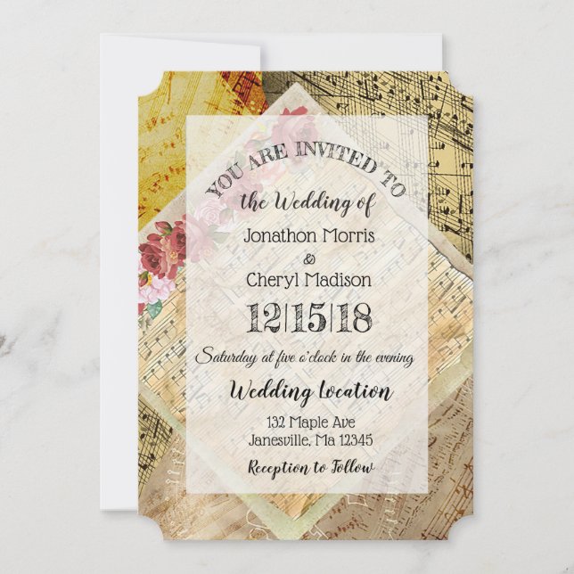 Invitation Vintage Partition Music Floral Mariage (Devant)