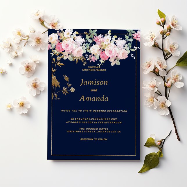 Invitation Vintage pastel flowers gold navy blue Wedding (Vintage pastel flowers gold navy blue Wedding)