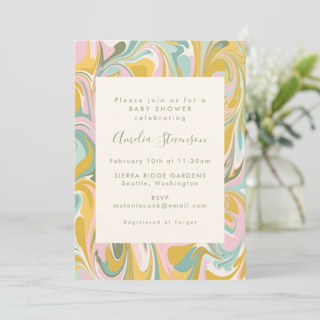 Invitation Vintage Pastel Marbre Whimsical Baby shower modern (Debout devant)