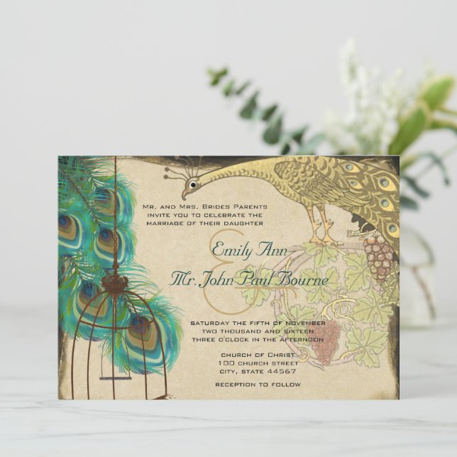 Invitation Vintage Peacock Bird Cage Feather Mariage Inviter (Debout devant)
