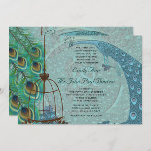 Invitation Vintage Peacock Bird Cage Feather Mariage Inviter