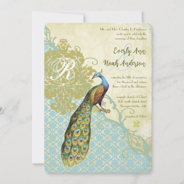 Invitation Vintage Peacock Birds Lagoon Endive Mariage damass (Devant)