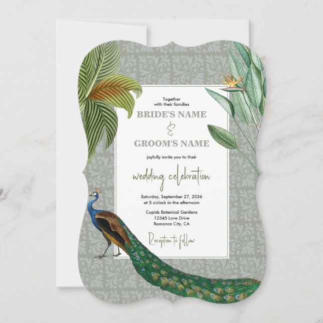 Invitation Vintage Peacock Feather Tropical Greenery Mariage (Devant)