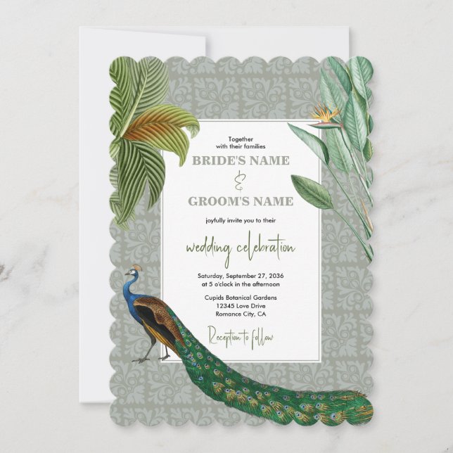 Invitation Vintage Peacock Feather Tropical Greenery Mariage (Devant)