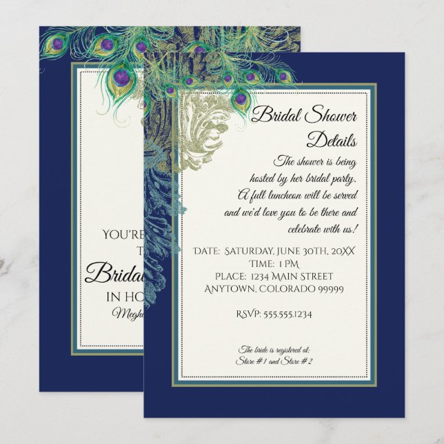 Invitation Vintage Peacock Feathers Marine Fête des mariées (Devant / Derrière)