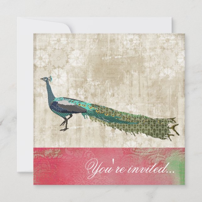 Invitation Vintage Peacock Peacock Peacock Pink &  (Devant)