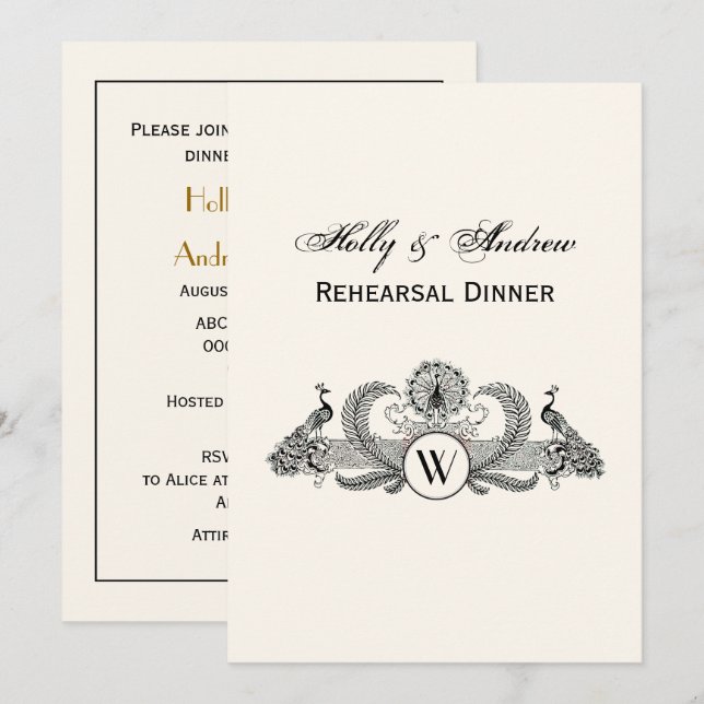 Invitation Vintage Peacocks Monogram Ivory BG (Devant / Derrière)