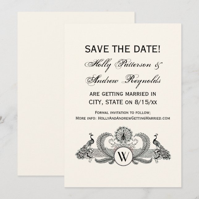 Invitation Vintage Peacocks Monogram Ivory BG (Devant / Derrière)