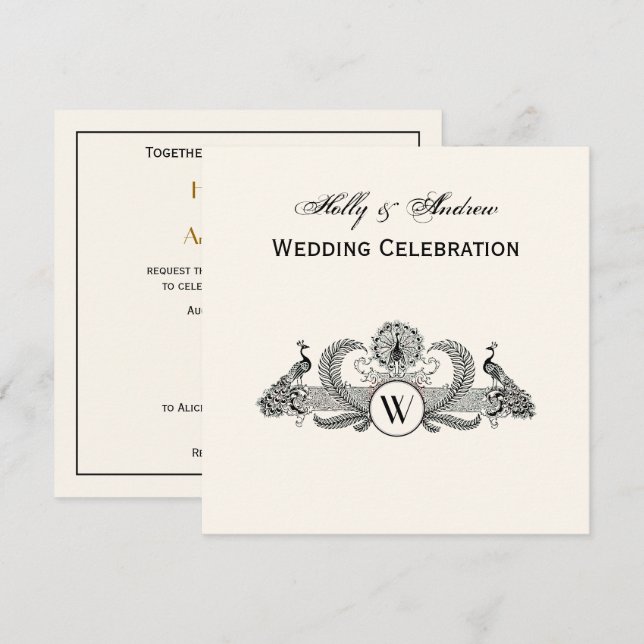 Invitation Vintage Peacocks Monogram Ivory BG (Devant / Derrière)