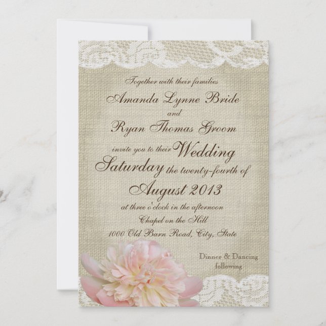 Invitation Vintage Peony et Mariage de dentelle (Devant)