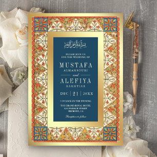 Invitation Vintage Perse Gold Frame Bleu Musulman Mariage