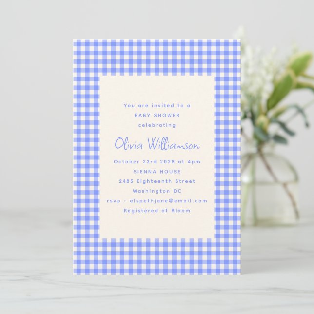 Invitation Vintage Perwinkle En vichy Cute Baby shower (Debout devant)