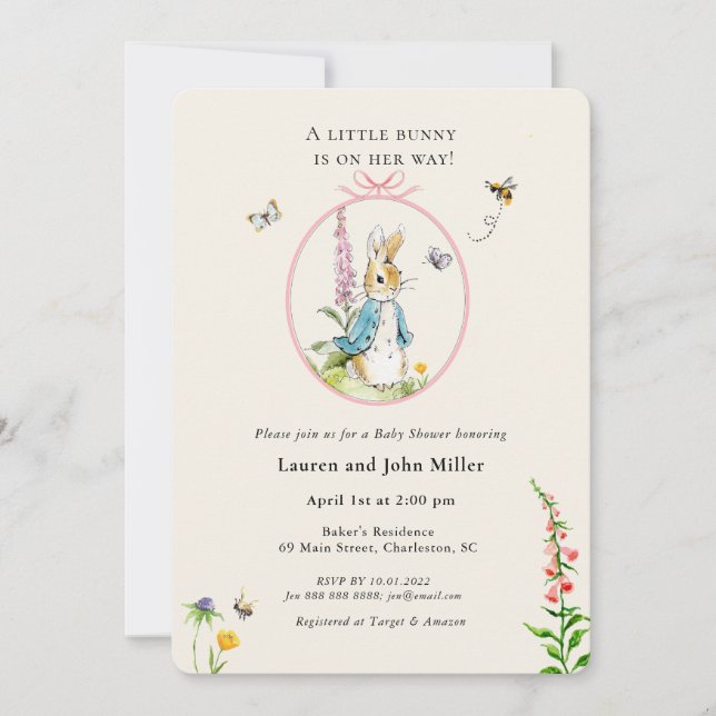 Invitation Vintage Peter Rabbit rose bébé fille Douche (Devant)