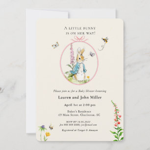 Invitation Vintage Peter Rabbit rose bébé fille Douche