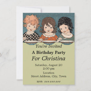 Invitation Vintage Petites Filles Trois Soeurs Anniversaire