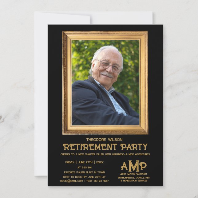Invitation Vintage Photo Frame Black Retirement Party  (Devant)