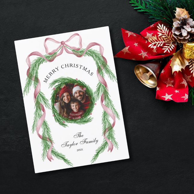 Invitation Vintage photo rose Ruban Wreath Joyeux Noël (Créateur téléchargé)