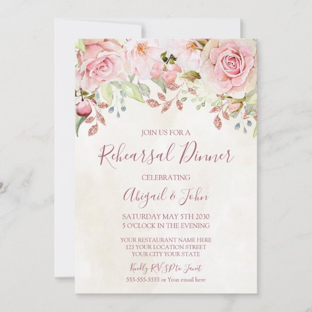 Invitation Vintage Pink Floral Spring Rehearsal Dinner (Devant)