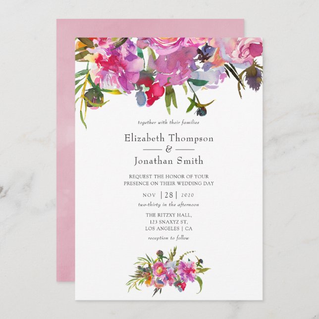 Invitation Vintage Pink Peonies Mariage d'aquarelle (Devant / Derrière)