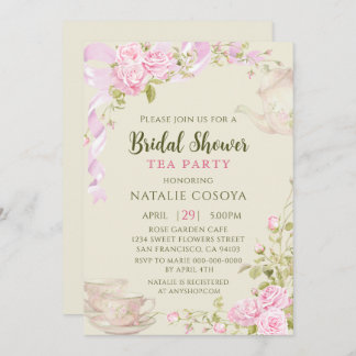 Invitation Vintage Pink Roses Floral Bridal Shower Tea Party