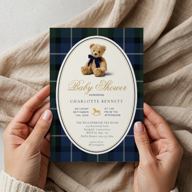 Invitation Vintage Polo Teddy Bear Plaid Baby Shower (Timeless Baby Shower Invitation)