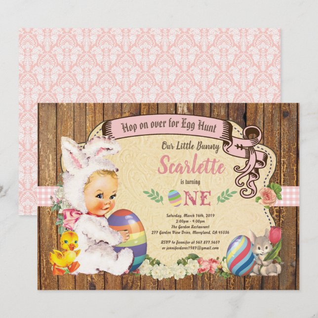 Invitation vintage pour 1er anniversaire de fille  (Devant / Derrière)