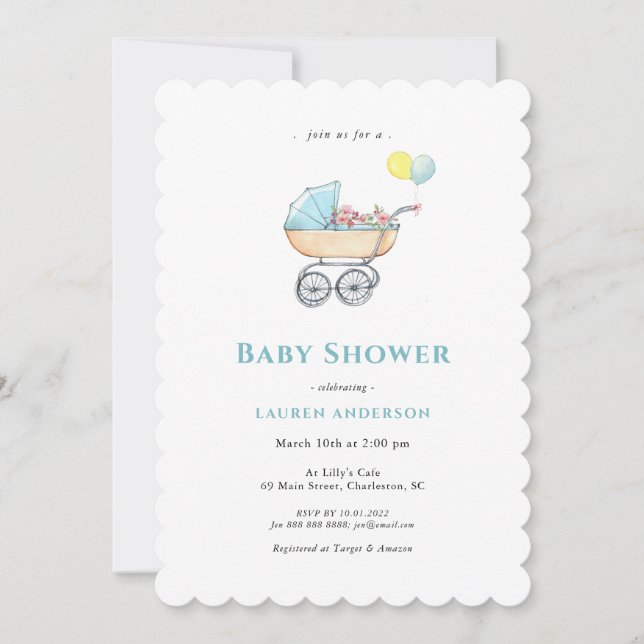 Invitation Vintage poussette Baby shower bébé garçon (Devant)