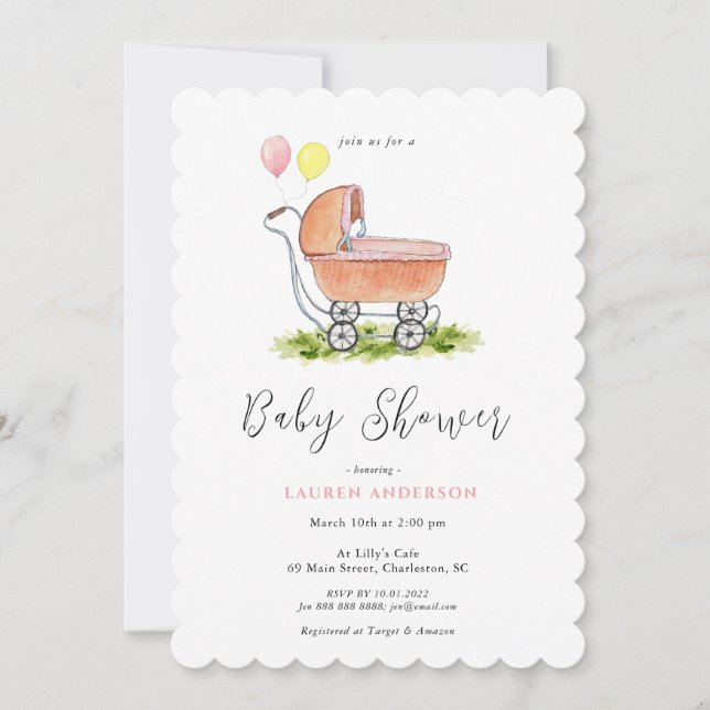 Invitation Vintage poussette rose Baby shower fille Invitatio (Devant)
