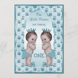 Invitation Vintage Prince Boy Twins Blue Roses 1er anniversai
